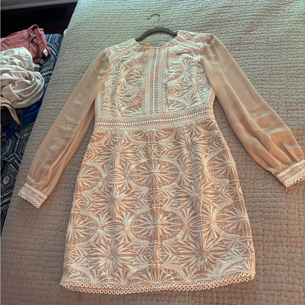Reiss Nude Sheath Dress with Bishop Sleeves for Weddings